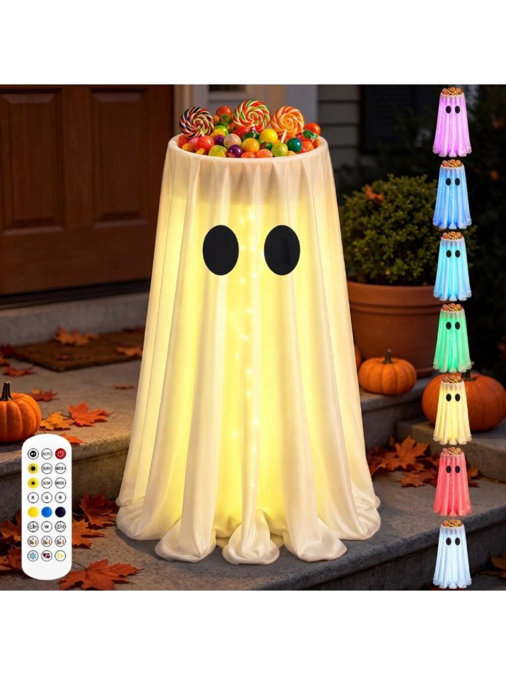 Large Halloween Ghost Candy Bowl Stand with LED Lights & Remote - 31" Decor